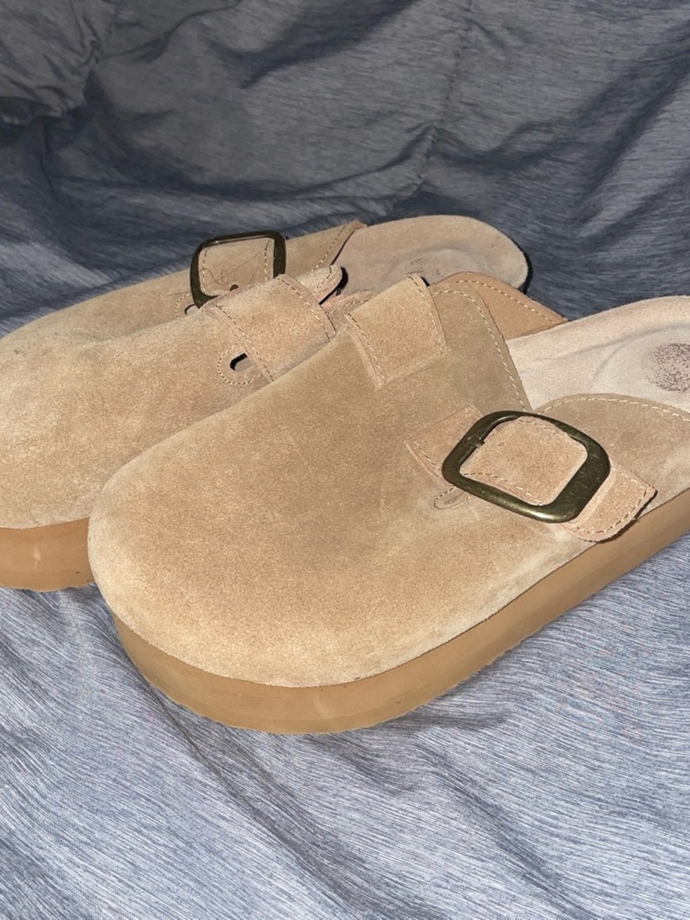 Beige Suede Slip-On Clog with Buckle